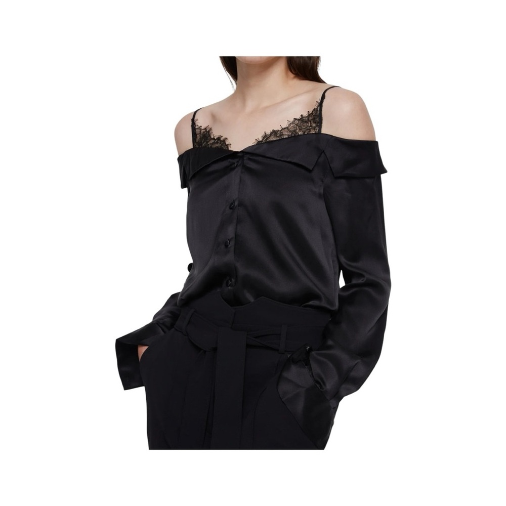 Jonathan Simkhai Black Satin Off-Shoulder Lace Trim Blouse